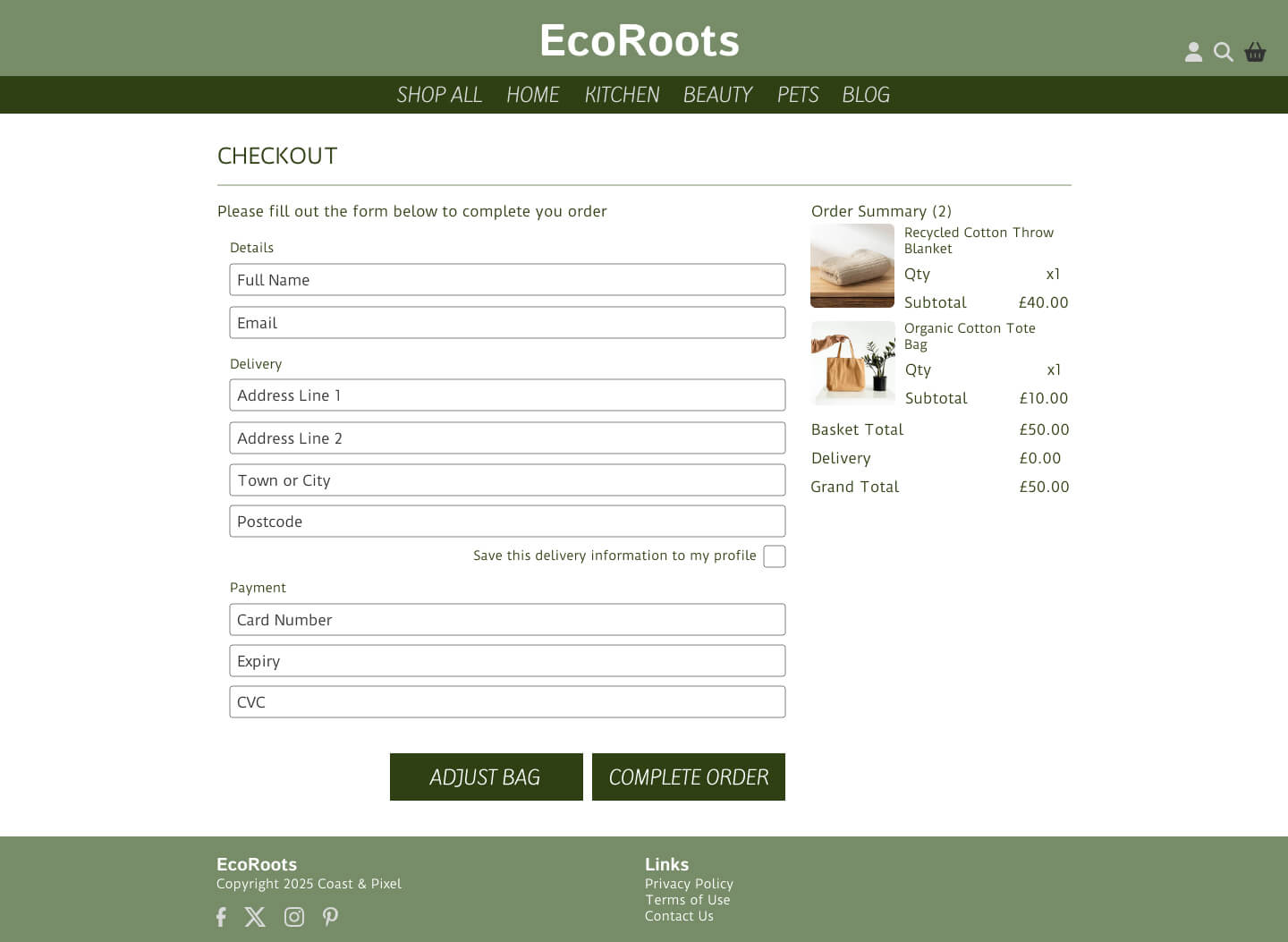 Responsive checkout page design for eco-friendly online marketplace