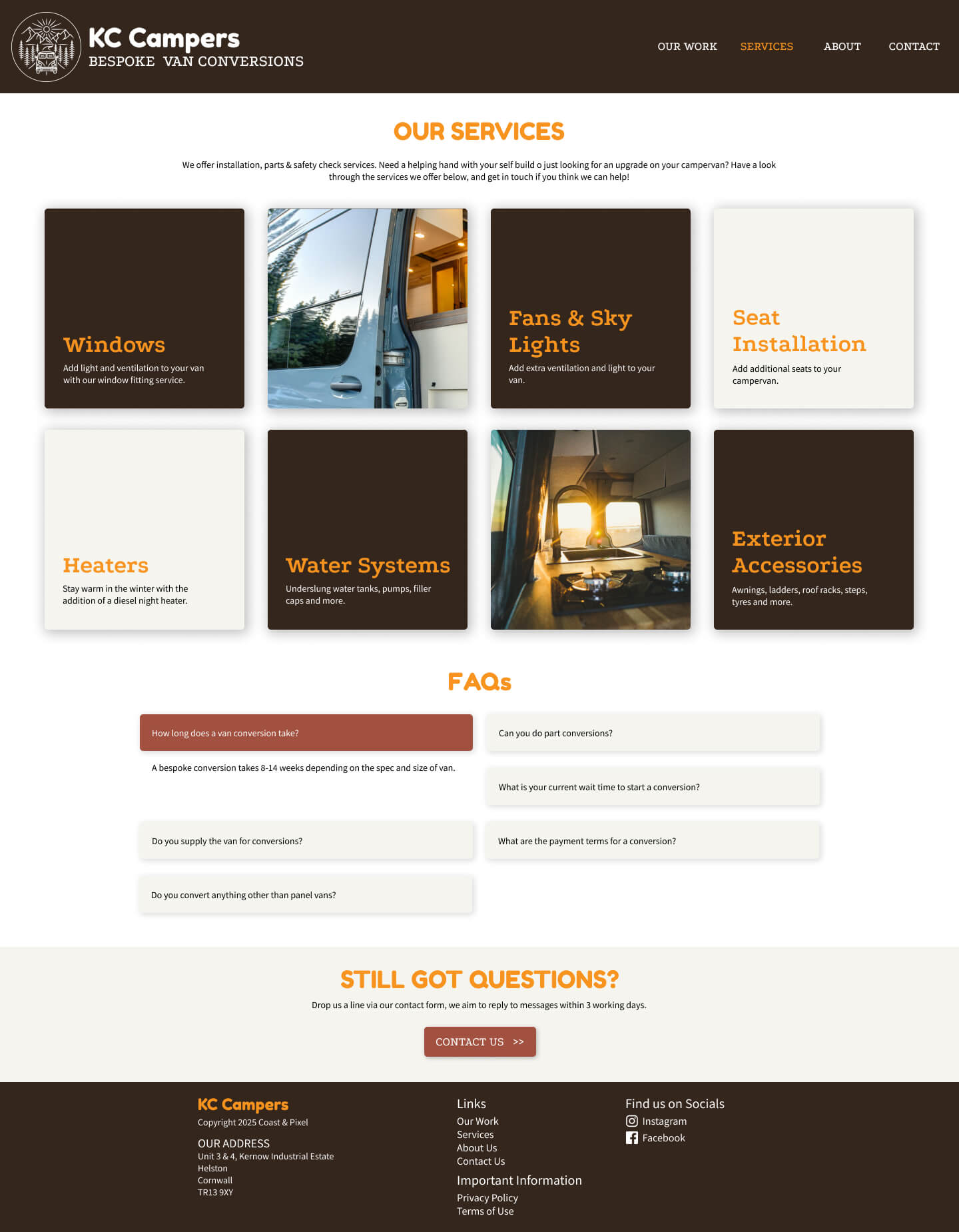 Responsive services page design for van conversion start-up