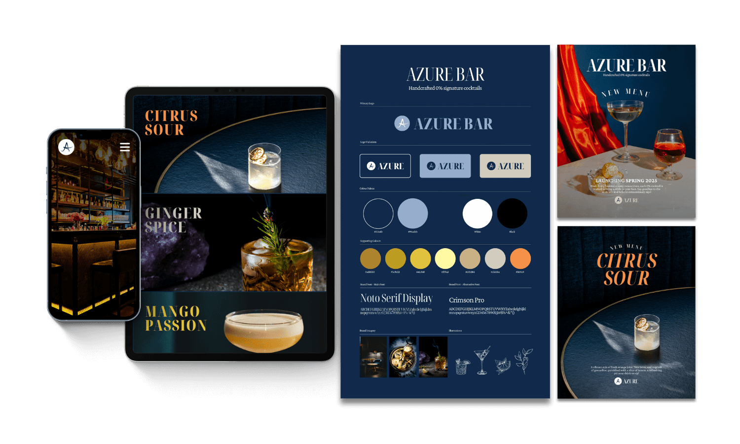 Interactive website design, branding & social media graphics for cocktail bar
